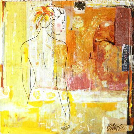 Peinture Pluméria par Sablyne | Tableau Art Singulier Acrylique, Bois, Collage, Encre, Feuille d'or, Papier, Pastel, Pigments, Upcycling Scènes de vie