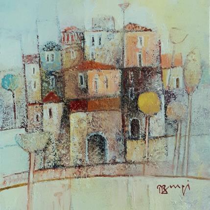 Peinture AM116 VILLAGE AUX ARBRES JAUNES par Burgi Roger | Tableau Figuratif Acrylique Nature, Paysages, Urbain