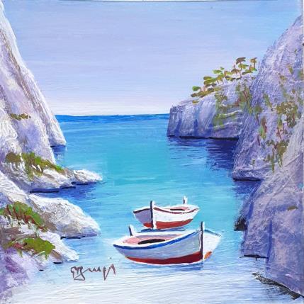 Peinture AQ138 LES DEUX BARQUES  par Burgi Roger | Tableau Figuratif Acrylique Marine, Nature, Paysages