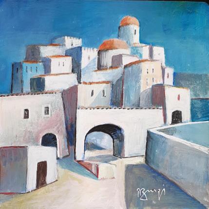 Peinture AQ120 LE VILLAGE BLANC par Burgi Roger | Tableau Figuratif Acrylique Architecture, Urbain