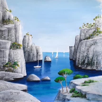 Peinture AQ45 CALANQUE AU TROIS ILOTS par Burgi Roger | Tableau Figuratif Acrylique Marine, Paysages