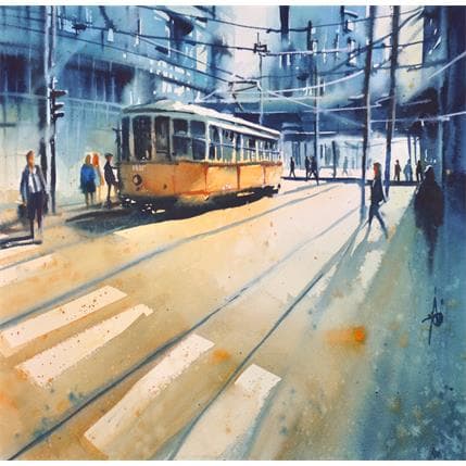 Peinture À la descente de la passerelle par Abbatucci Violaine | Tableau Figuratif Aquarelle Urbain