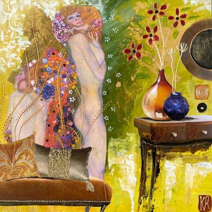 Painting Mina et sa sœur  by Romanelli Karine | Painting Figurative Acrylic, Gluing, Gold leaf, Paper, Pastel, Posca Life style, Nude