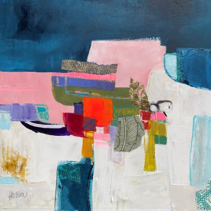 Peinture Maisons au bord du lac 1 par Lau Blou | Tableau Abstrait Acrylique, Collage, Feuille d'or, Papier, Pastel Paysages