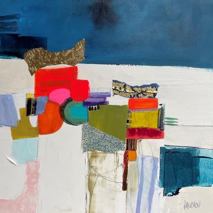 Peinture Maisons au bord du lac 2 par Lau Blou | Tableau Abstrait Acrylique, Collage, Feuille d'or, Papier, Pastel Paysages