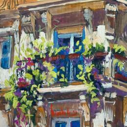 Peinture Le Balcon du Chat par Brooksby | Tableau Figuratif Huile Paysages, Urbain