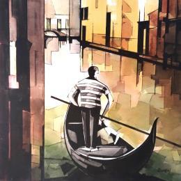 Gemälde GONDELIER von Langlois Jean-Luc | Gemälde Figurativ Aquarell Marine