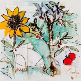 Painting Tournesol et cerisier by Colombo Cécile | Painting Naive art Acrylic, Gluing, Ink, Pastel, Watercolor Landscapes, Life style, Still-life
