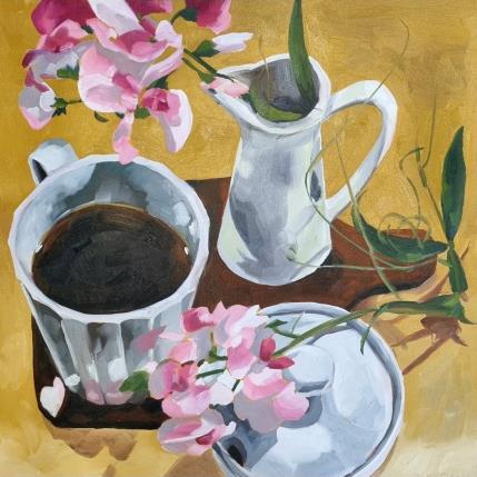 Peinture coffee and pink flowers par Ulrich Julia | Tableau Figuratif Bois, Huile