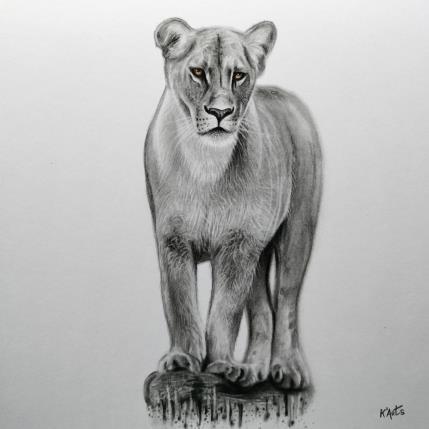 Peinture Lionne par K'Arts | Tableau Figuratif Fusain Animaux, Noir & blanc, Société