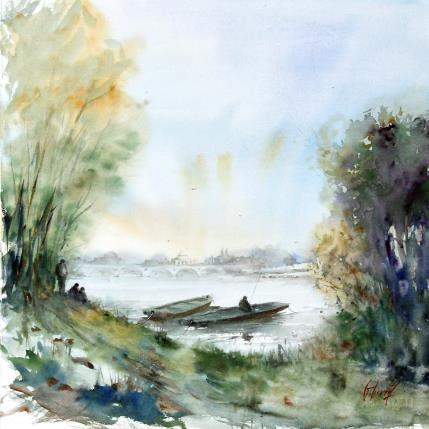 Peinture Barques en Touraine par Gutierrez | Tableau Impressionnisme Aquarelle Paysages