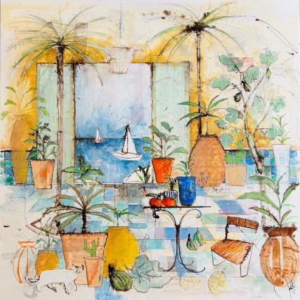 Peinture Fenetre ouverte sur la mer par Colombo Cécile | Tableau Art naïf Acrylique, Aquarelle, Collage, Encre, Pastel Nature, Paysages, Scènes de vie