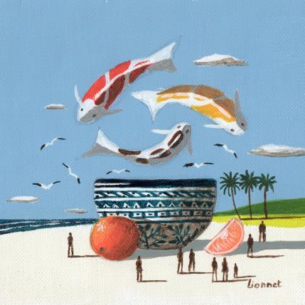 Peinture Carpes sur la plage par Lionnet Pascal | Tableau Surréalisme Acrylique Animaux, Marine, Scènes de vie