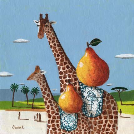 Peinture Girafes aux poires par Lionnet Pascal | Tableau Surréalisme Acrylique Animaux, Paysages, Scènes de vie