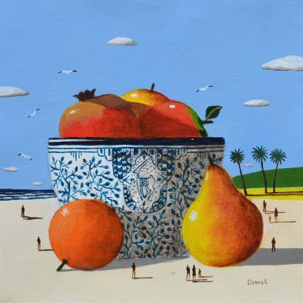 Peinture Fruits sur la plage par Lionnet Pascal | Tableau Surréalisme Acrylique Marine, Natures mortes, Scènes de vie