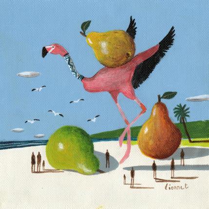 Peinture flamant rose aux poires par Lionnet Pascal | Tableau Surréalisme Acrylique Animaux, Marine, Scènes de vie
