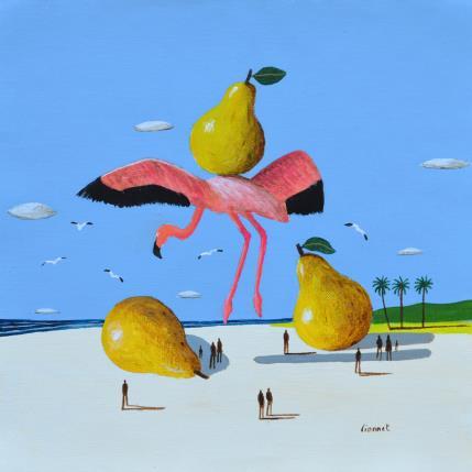 Peinture Flamant rose aux poires par Lionnet Pascal | Tableau Surréalisme Acrylique Animaux, Marine, Natures mortes