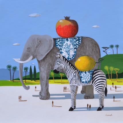 Peinture éléphant et zèbre par Lionnet Pascal | Tableau Surréalisme Acrylique Animaux, Paysages, Scènes de vie