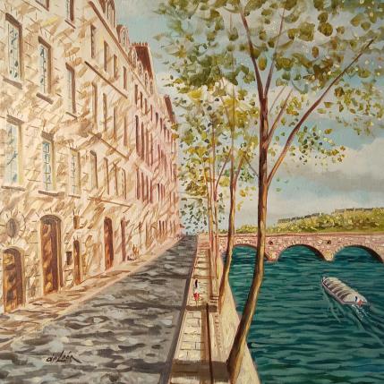 Peinture Promenade Île Saint Louis par De León Lévi Marcelo | Tableau Figuratif Aquarelle Urbain