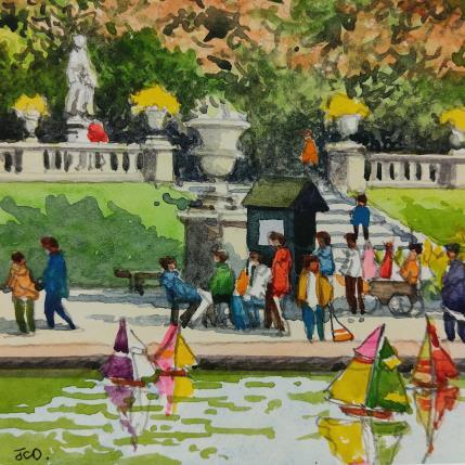 Peinture Paris, petits bateaux du Luxembourg par Decoudun Jean charles | Tableau Figuratif Aquarelle Urbain