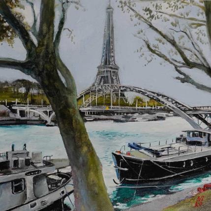 Peinture Ships on the Seine river par Niko Marina  | Tableau Figuratif Huile Urbain