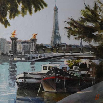 Peinture Walk along the Seine river par Niko Marina  | Tableau Figuratif Huile Urbain