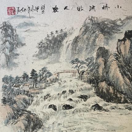 Peinture Little bridge par Yu Huan Huan | Tableau Figuratif Encre Nature, Noir & blanc, Paysages