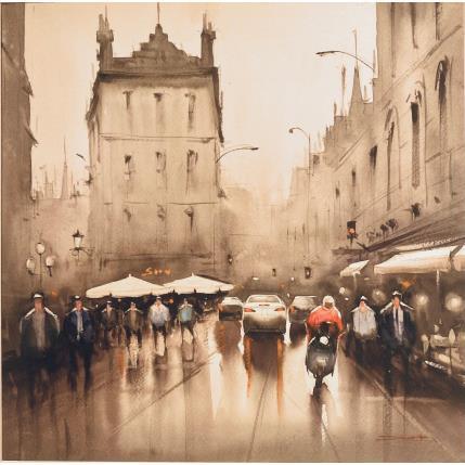 Peinture Morning traffic near London Bridge Tube par Dandapat Swarup | Tableau Figuratif Aquarelle Urbain