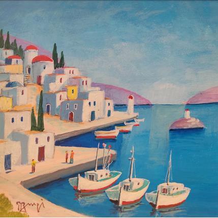 Peinture Petit port Grec AQ121 par Burgi Roger | Tableau Figuratif Acrylique Marine, Paysages