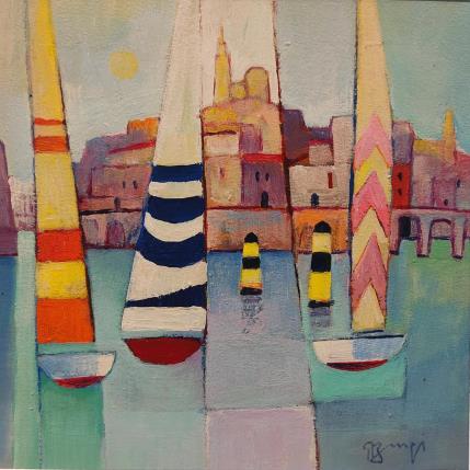 Peinture Les 3 voiles AP11 par Burgi Roger | Tableau Figuratif Acrylique Marine, Paysages