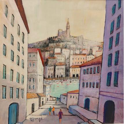 Peinture Vue sur Vieux Port AQ133 par Burgi Roger | Tableau Figuratif Acrylique Paysages, Scènes de vie, Urbain