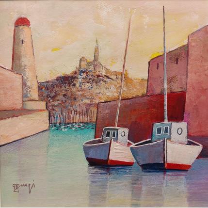 Peinture Devant le port AQ142 par Burgi Roger | Tableau Figuratif Acrylique Marine, Paysages