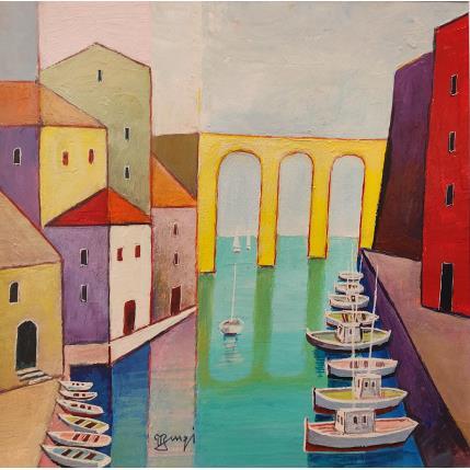 Peinture Le pont jaune AQ141 par Burgi Roger | Tableau Figuratif Acrylique Marine, Paysages, Urbain