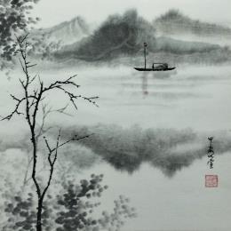 Peinture Boat par Du Mingxuan | Tableau Figuratif Aquarelle, Encre Nature, Paysages