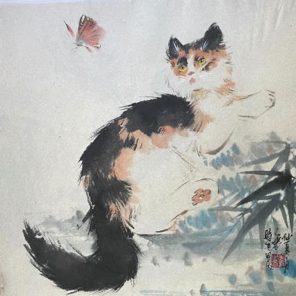 Peinture Cat and butterfly par Yu Huan Huan | Tableau Figuratif Encre Animaux, Nature