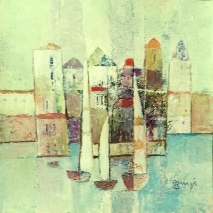 Peinture AL70 COMPOSITION BLEUE par Burgi Roger | Tableau Figuratif Acrylique Architecture, Marine, Paysages