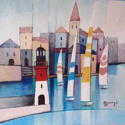 Peinture AQ154 PHARE ET VOILES par Burgi Roger | Tableau Figuratif Acrylique Architecture, Marine, Paysages