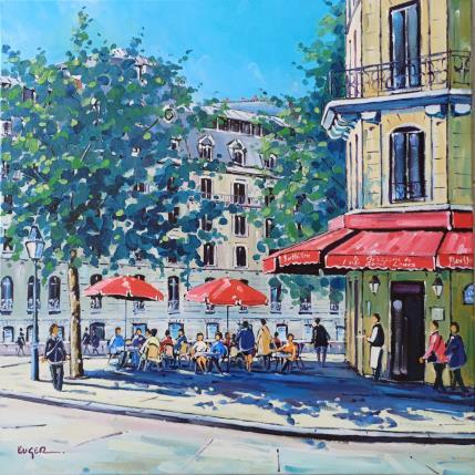 Peinture TERRASSE ILE SAINT LOUIS A PARIS par Euger | Tableau Figuratif Huile Scènes de vie, Société, Urbain