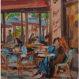 Gemälde Sur la terrasse von Novokhatska Olga | Gemälde Figurativ Acryl, Öl Urban