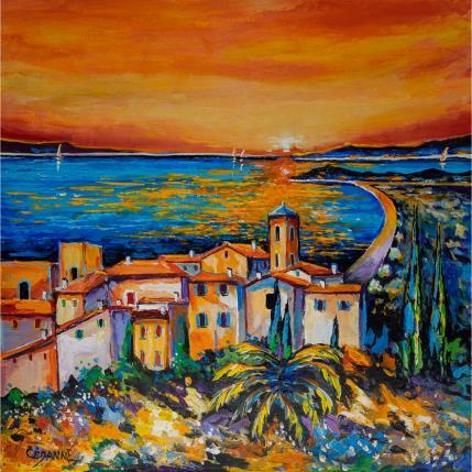 Painting Coucher de soleil sur le village perché by Cédanne | Painting Figurative Acrylic, Oil Landscapes, Marine