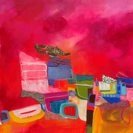 Peinture Maisonnettes de St Martin par Lau Blou | Tableau Abstrait Acrylique, Collage, Feuille d'or, Papier Paysages