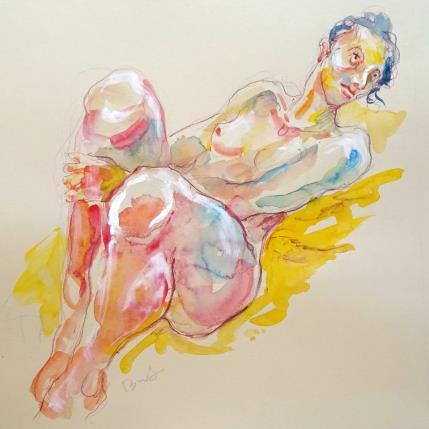 Peinture Méline genoux rassemblés par Brunel Sébastien | Tableau Figuratif Aquarelle Nu