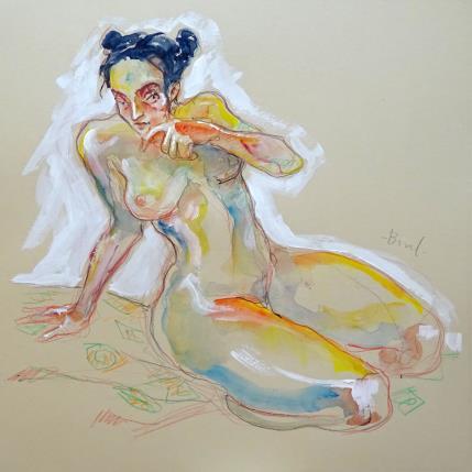 Peinture Méline assise une main au sol par Brunel Sébastien | Tableau Figuratif Aquarelle Nu