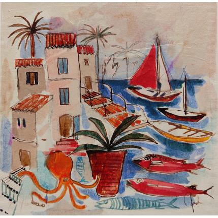Painting La voile rouge by Colombo Cécile | Painting Naive art Acrylic, Gluing, Ink, Pastel, Watercolor Architecture, Landscapes, Life style, Pop icons