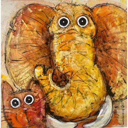 Peinture L'elephant et le chat par Maury Hervé | Tableau Art Singulier Animaux