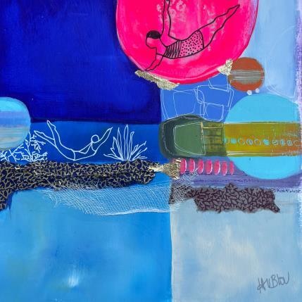 Peinture Les plongeuses de la lune rose par Lau Blou | Tableau Abstrait Acrylique, Collage, Feuille d'or, Papier