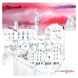 Painting La Skyline du beffroi de Lille by Bailly Kévin  | Painting Figurative Ink, Watercolor Architecture, Pop icons, Urban