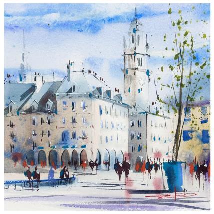 Peinture Promenade sur la grand-place par Bailly Kévin  | Tableau Figuratif Aquarelle, Encre Architecture, Urbain