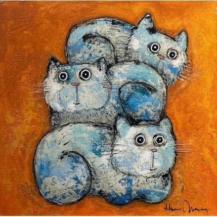 Peinture 3 chats fonds orange par Maury Hervé | Tableau Art Singulier Animaux
