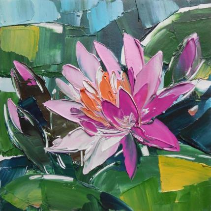 Painting Pink water lily by Lunetskaya Elena | Painting Figurative Cardboard, Oil